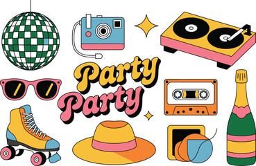 Retro party elements illustration with disco ball sunglasses camera cassette recorder and other party related graphics