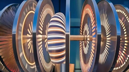 A close-up of a modern kinetic sculpture with spinning metallic discs and glowing lights creating a mesmerizing visual effect - Powered by Adobe