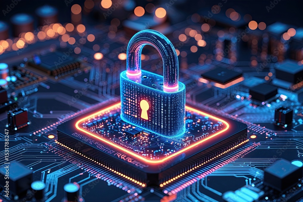 Poster stunning digital art of a glowing cyber padlock on a circuit platform emphasizing data security and 
