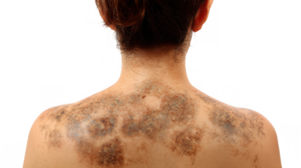 Woman showing tinea versicolor fungal infection on her back, a common fungal infection of the skin causing discoloration, isolated on transparent background