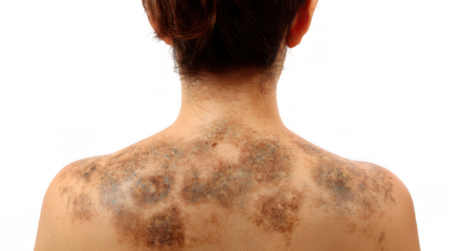 Woman showing tinea versicolor fungal infection on her back, a common fungal infection of the skin causing discoloration, isolated on transparent background