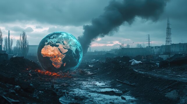 Earth globe on polluted ground in the abandoned town. Environmental pollution ecology concept - Powered by Adobe
