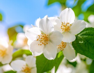 Fototapeta premium Sunlit White Jasmine Flowers Blooming in the Garden