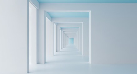 Empty white and blue architectural interior with infinite open doors, endless corridor of doorway, walkaway,
