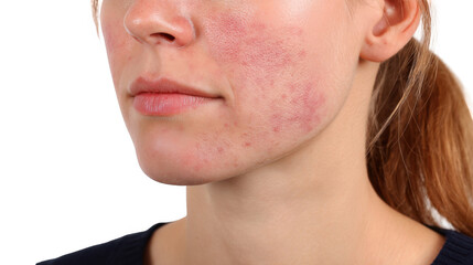 Obraz premium Close up of a woman's face with visible rash symptoms, potentially indicating a skin condition like lupus, isolated on a transparent background for easy integration into various projects