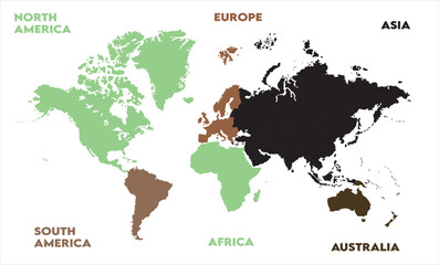 Naklejka premium New modern world map, with names, Europe, Africa, Asia, Australia, North America and South America world map graphic, Countries Silhouettes Stock Illustrations, Vectors
