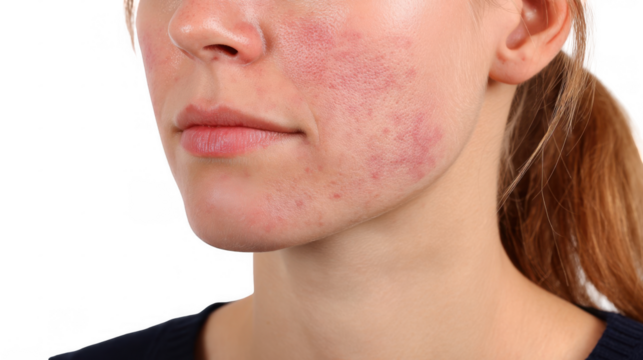 Close up of a woman's face with visible rash symptoms, potentially indicating a skin condition like lupus, isolated on a transparent background for easy integration into various projects