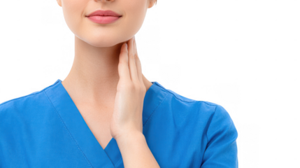 Close up of a nurse delicately touching her neck, conveying a sense of care and medical expertise, set against a transparent background for easy integration into various projects