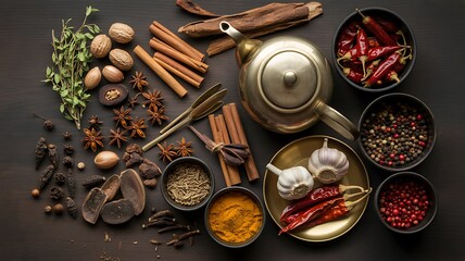 A flat lay of spices and herbs with a golden teapot on a dark background in a studio setting