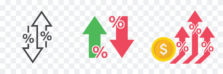 Percent arrow icon.Growth, increase,decrease arrow filled icons.statistics icons. red & green line icon.Design concept for banking,credit, interest rate, dollar rate, finance and money sphere. Vector