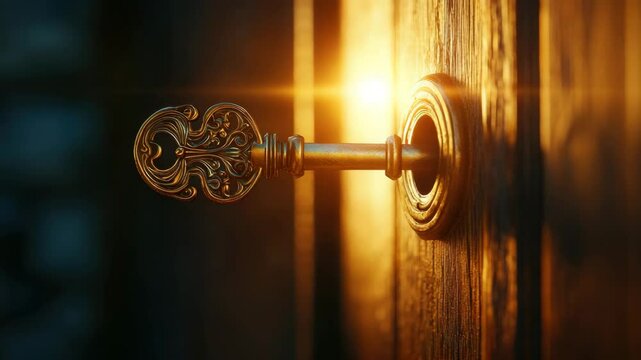 Vintage ornate metal key inserted into old wooden door lock with warm sunlight glow, creating inviting atmosphere full of mystery and opportunity.