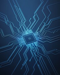 A close up view of a glowing blue computer chip with intricate circuit patterns on a dark blue background