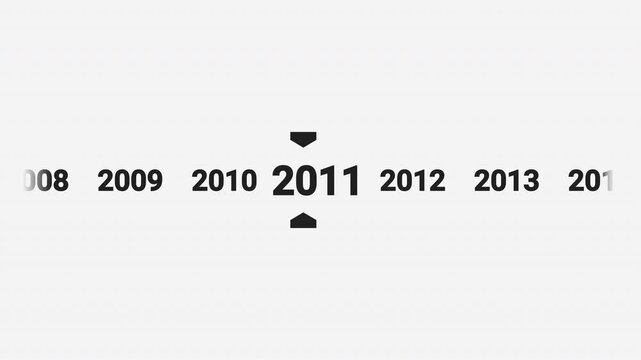Horizontal timeline animation scrolling smoothly to the year 2011. Ideal for history documentaries, educational videos, or year-based content.