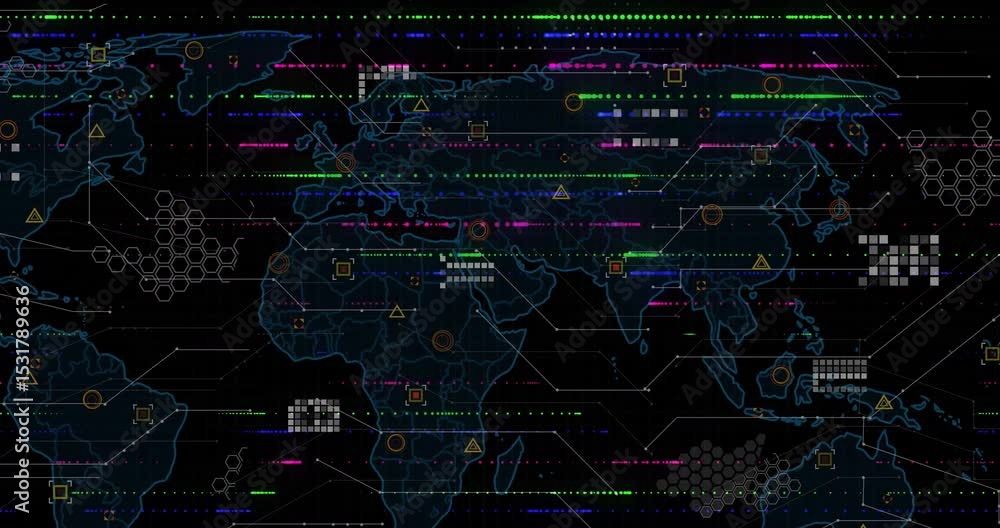 Poster opening ui revealing cyan world map expanding and animating glitch lines, overlays visualizing data