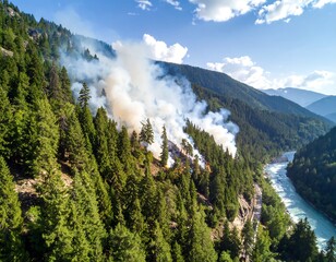 Forest fire in a mountain valley