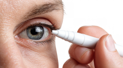 Medical professional applying eye drops to a patient's eye using a penlight, with a transparent background for easy integration into various projects