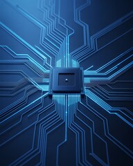 A close up of a dark blue computer chip with glowing blue lines radiating from the center outward