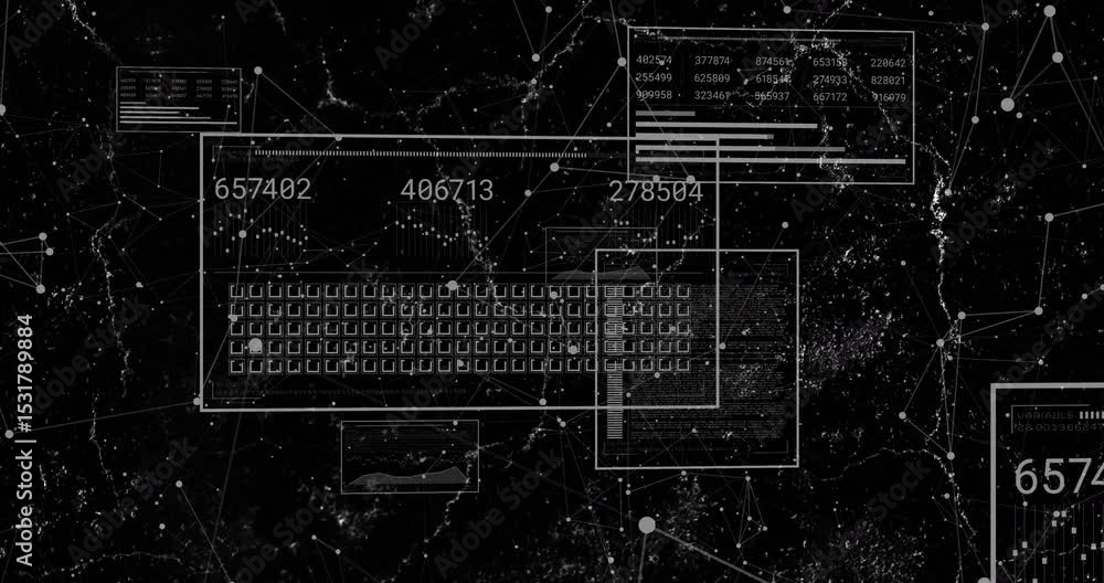 Poster network appearing, keyboard wireframe forming, panels updating data, nodes pulsing visualizing flow