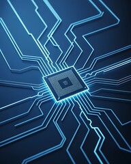 A close up of a microchip with blue circuit lines on a dark background in a vertical orientation