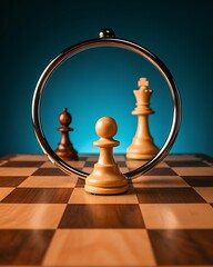 Chess pieces on a chessboard with a metal ring and blue background in a studio setting still life