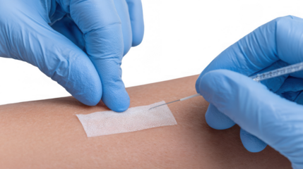 Doctor wearing blue gloves removing a cannula from patient's arm after intravenous infusion therapy, with transparent background for easy compositing