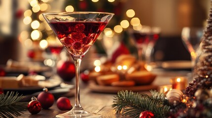 Indoor photo of rum, gin martini, red wine in glasse on a luxurious modern dining christmas