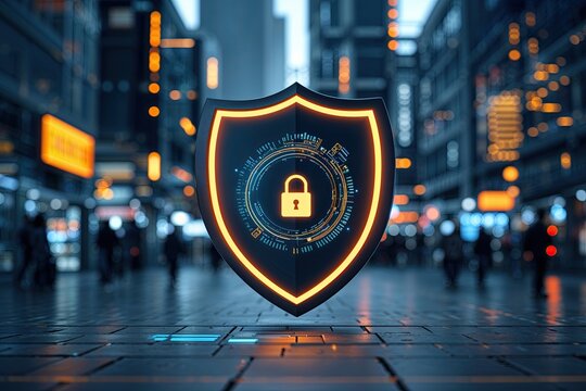 Shield Symbol of Digital Security and Cyber Resilience in E-Commerce and 5G Connectivity