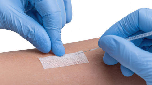 Doctor wearing blue gloves removing a cannula from patient's arm after intravenous infusion therapy, with transparent background for easy compositing
