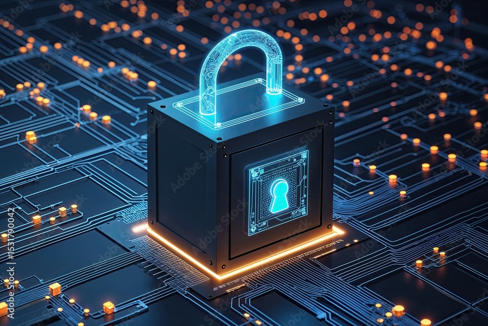 Poster luminous digital illustration of a safe on a circuit grid, highlighting data integrity and cybersecu