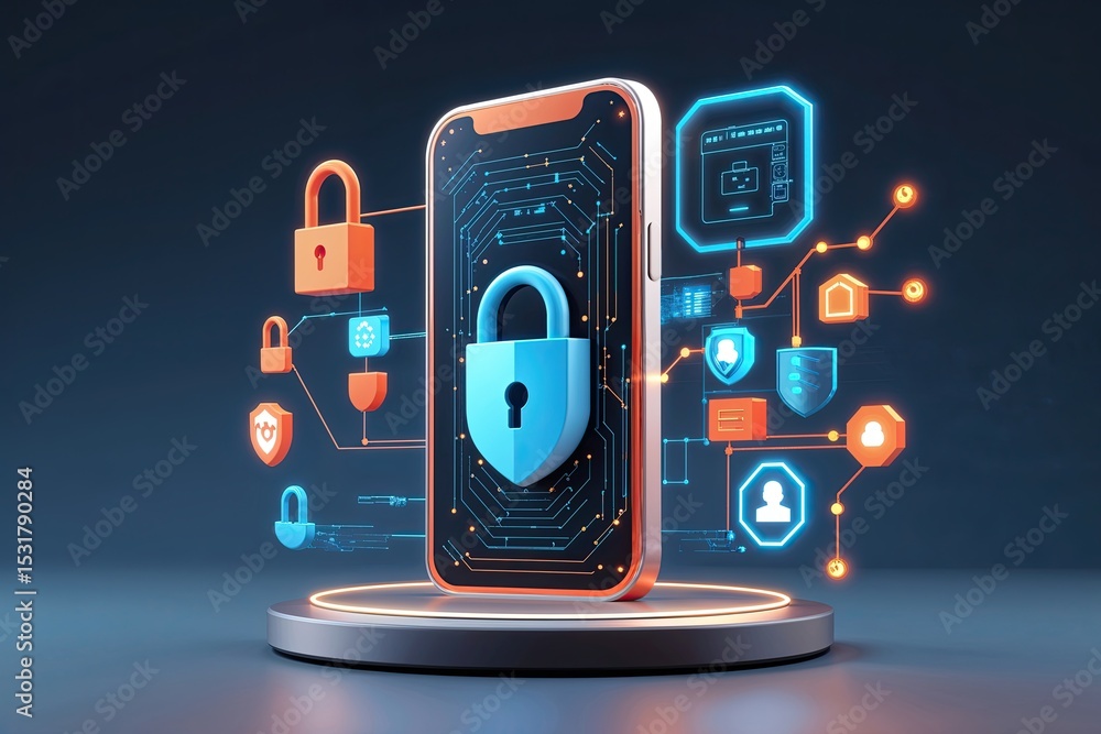 Aufkleber smartphone guard for digital security: 3d mobile data defense and cybersecurity concepts