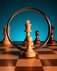 Chess pieces on a board with a ring in front of them against a blue background in a studio shot