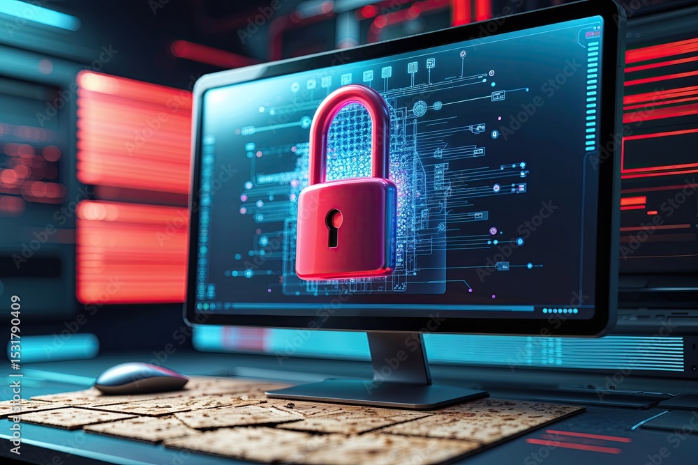 Poster futuristic digital visualization of a monitor showcasing a secure lock on chipboard for enhanced cyb