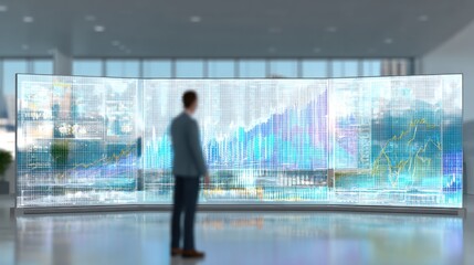 Man stands before a large curved screen displaying financial data in a modern office setting indoors