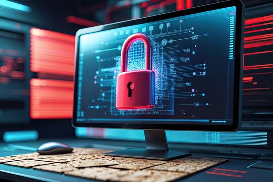 Futuristic Digital Visualization of a Monitor Showcasing a Secure Lock on Chipboard for Enhanced Cybersecurity and Privacy Protection