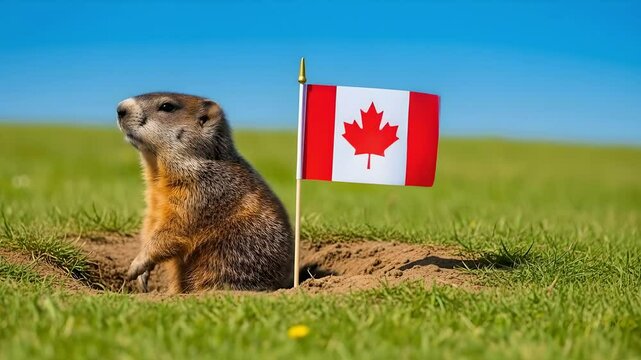 Groundhog emerging, Canada flag waving, rodent surveys burrow. Wildlife nature scenes, environment protection, animal behavior studies, Groundhog Day, Canadian pride celebrations.