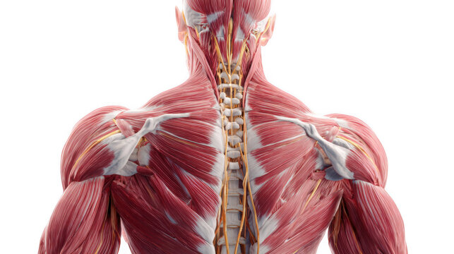 Highly detailed 3d rendering of male back muscles with spinal column and nervous system, perfect for medical illustrations and educational purposes, on transparent background