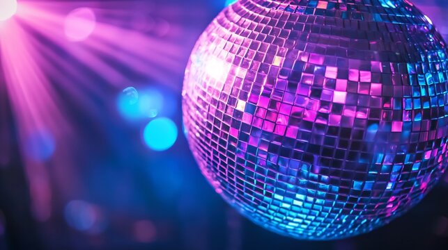 Close up of a shiny disco ball with a retro purple and blue glow illuminating the party atmosphere in a 70s themed dance club