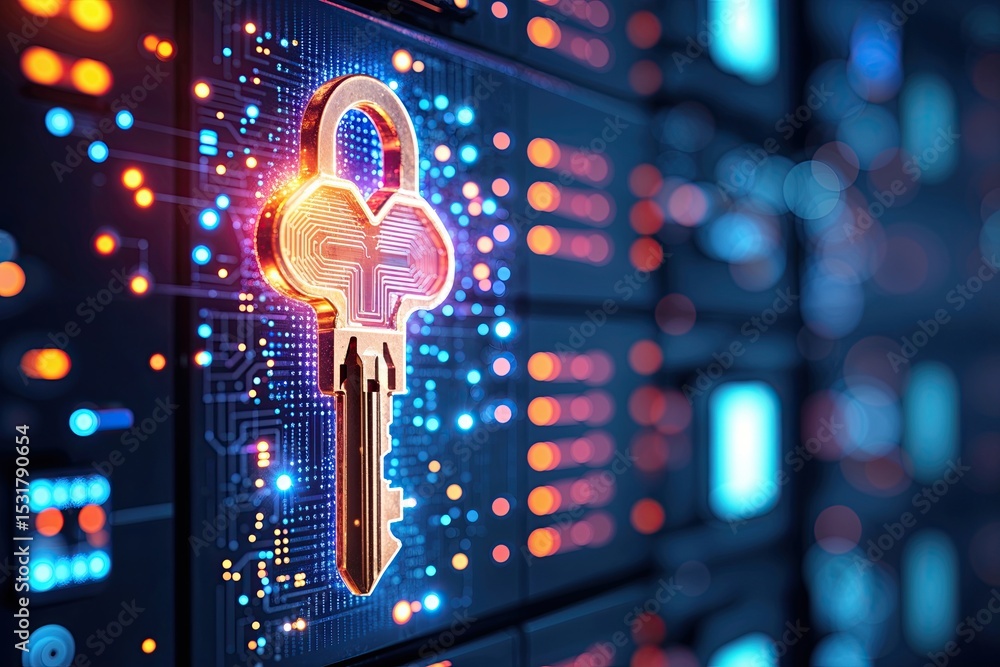 Poster vibrant digital visualization of a key on an electronic panel representing technology encryption sec