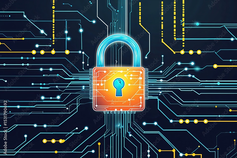 Poster vibrant digital illustration of a security lock on data circuit symbolizing cybersecurity encryption