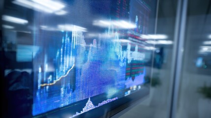 A close up view of a monitor displaying stock market data and financial charts in a modern office space