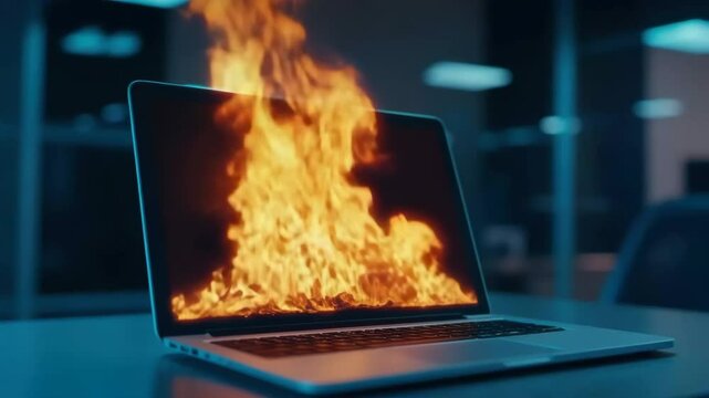 Laptop computer engulfed in bright orange flames on desk in dimly lit office, symbolizing technology failure and overheating danger with burning fire creating alarming atmosphere.