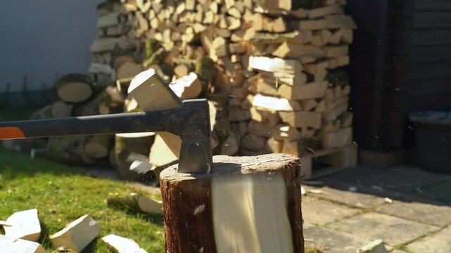 Chopping firewood with an axe and splitting block in slow motion.