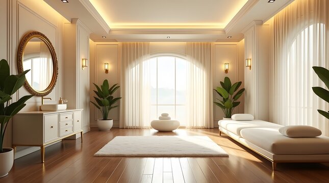 Elegant spa interior. Soft lighting, serene ambiance. Ideal for wellness, relaxation, and beauty themes. 198 characters