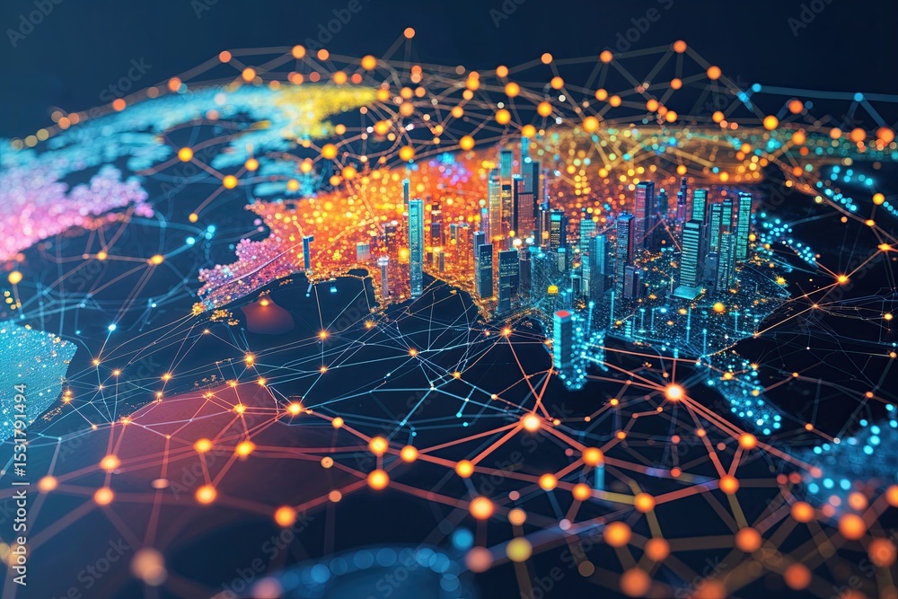 Poster vibrant network security technology landscape featuring intricate interconnected networks and circui