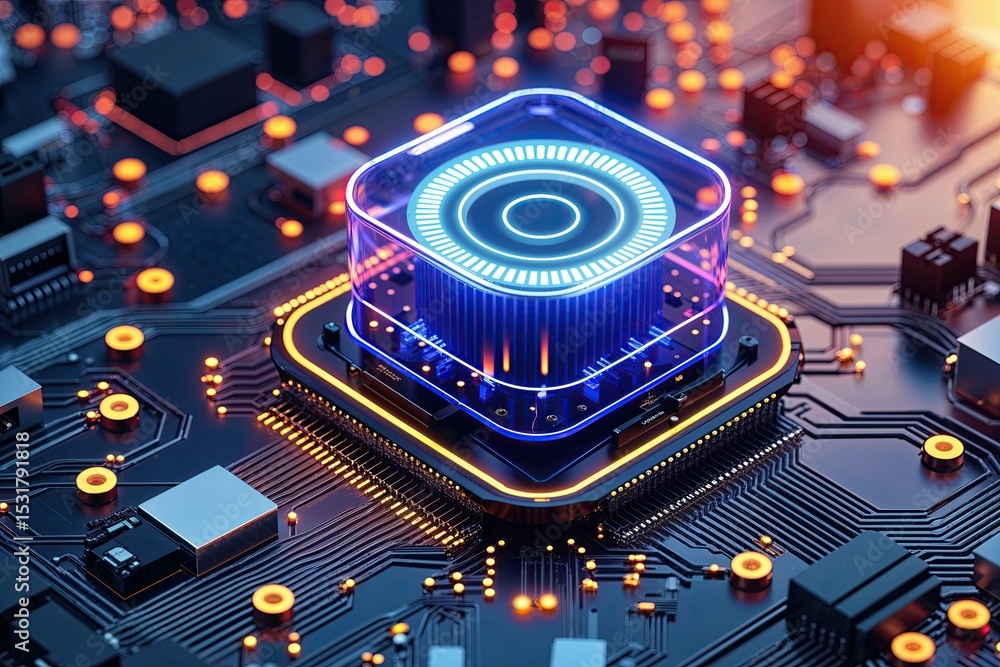 Poster vibrant digital artwork of bright alarm on circuit layout representing technology encryption vigilan