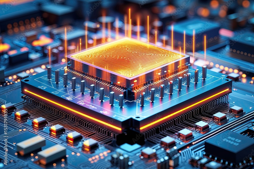 Poster vibrant digital illustration of a pulsating firewall on an integrated circuit showcasing cybersecuri