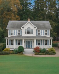 A charming two story house with a large porch and blue shutters surrounded by green trees and lawn