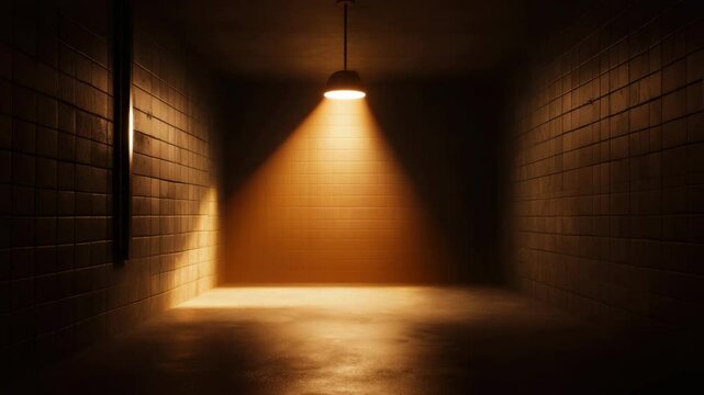Empty dark room with brick wall and single hanging light casting warm glow, creating moody, mysterious atmosphere with shadows, texture, highlights, and reflections