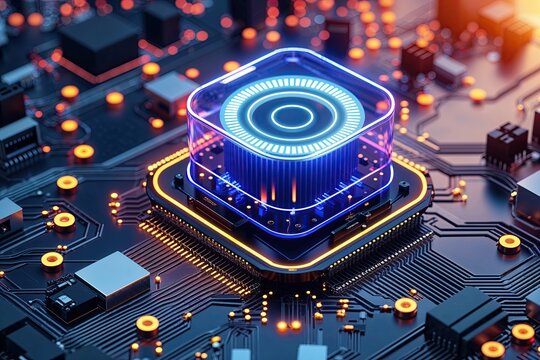 Vibrant Digital Artwork of Bright Alarm on Circuit Layout Representing Technology Encryption Vigilance and Network Security