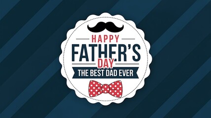 Happy Father’s Day badge design with mustache and red polka-dot bow tie on dark stripes
